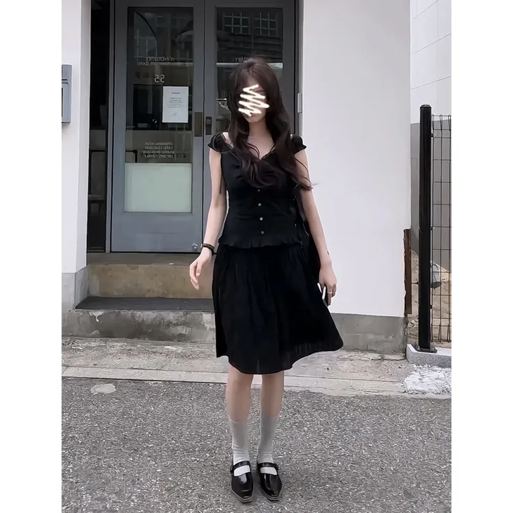 2025夏季新款韩系穿搭修身V领花边无袖上衣气质高腰显瘦A字半身裙