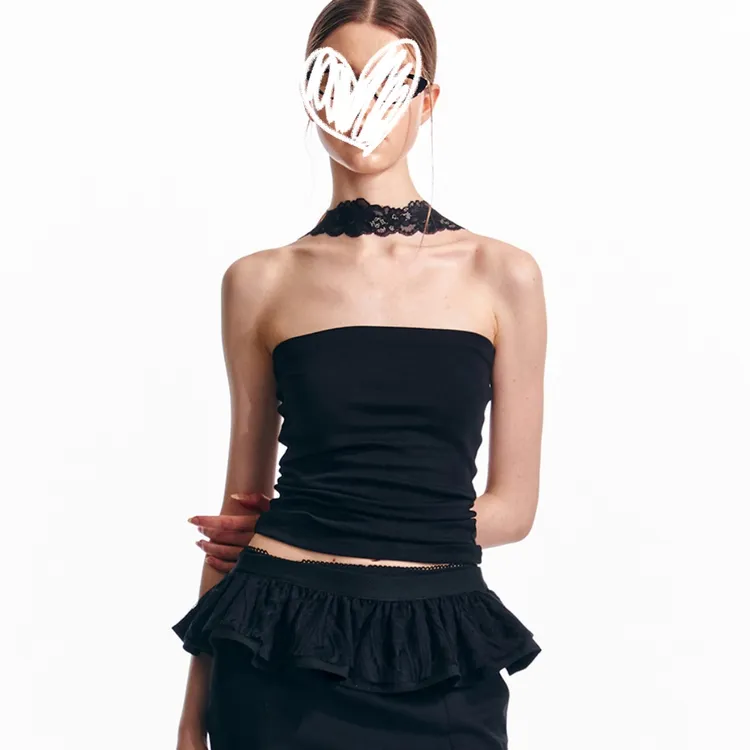 2025夏新款辣妹纯欲时尚洋气蕾丝挂脖修身黑色抹胸针织打底上衣女