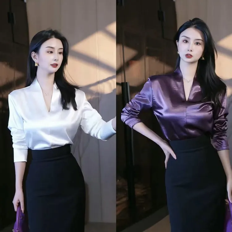 刘欣服饰早秋新款法式轻熟气质职场设计感通勤显瘦v领衬衣8253