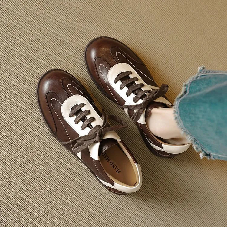 百搭法式/3cm水洗马皮德训鞋女款系带圆头复古单鞋女厚底真皮板鞋