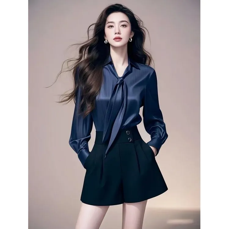 法式温柔风气质长袖衬衫女春季藏蓝色设计感时尚蝴蝶结衬衣上衣