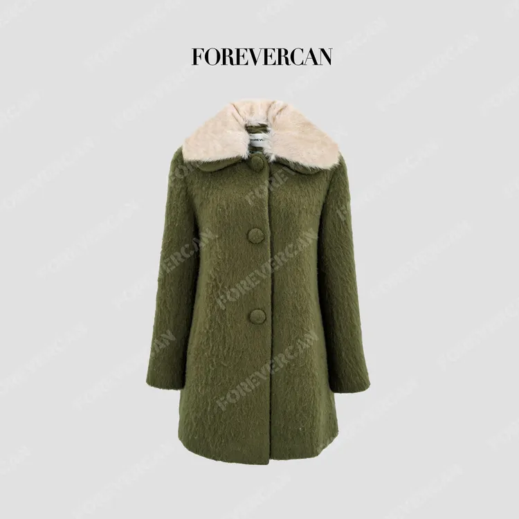 FOREVERCAN“雪夜听松”可拆卸羊毛领廓形羊毛呢大衣WC23939