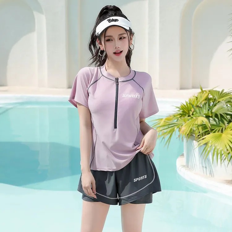 2025新款运动游泳衣女分体式平角裤大码胖mm保守显瘦遮肚温泉泳装