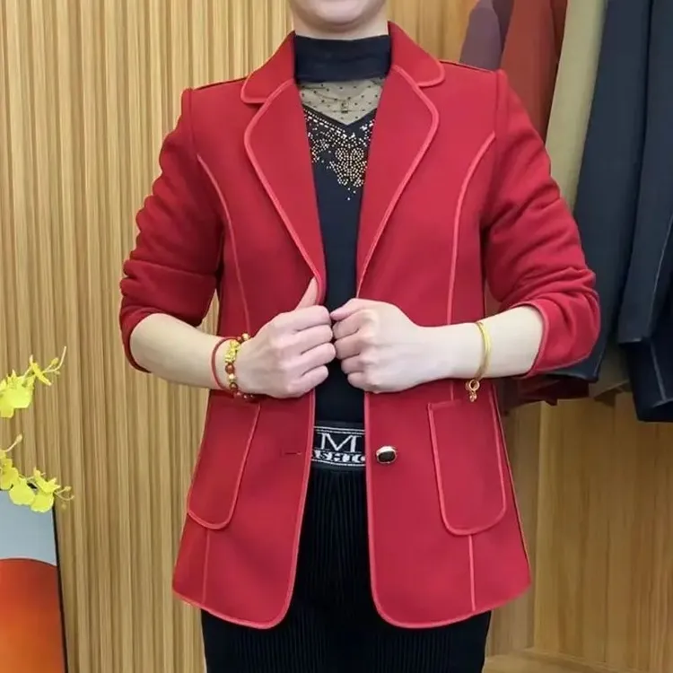 高档中老年女秋季新款翻领纯色西装时尚妈妈装气质百搭薄外套上衣