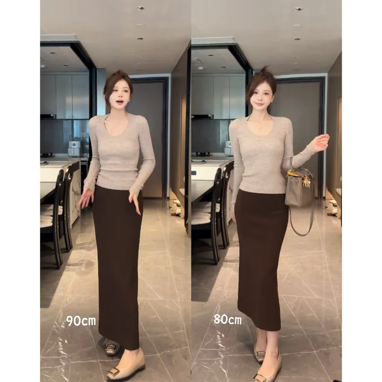 轻OL*高智美人包臀弹力半身开衩长裙*高级乱麻梨形显瘦直筒半裙