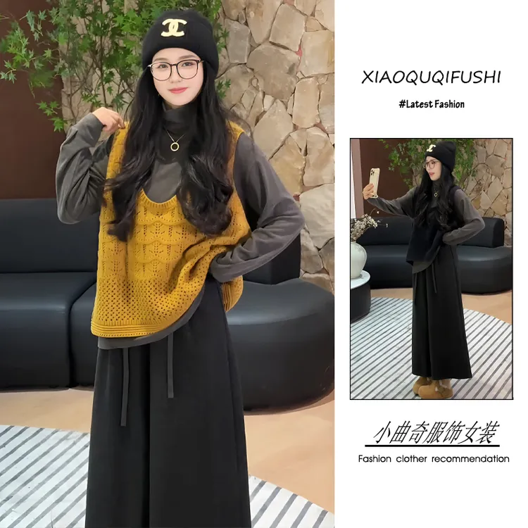 超火秋冬季穿搭一整套女2025新款韩版时尚高领上衣马甲阔腿裤套装