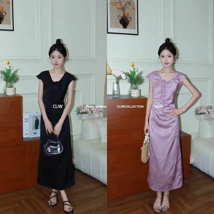 菜菜【紫檀花】小个子夏季新中式抽绳收腰褶皱显瘦连衣裙CCQ730