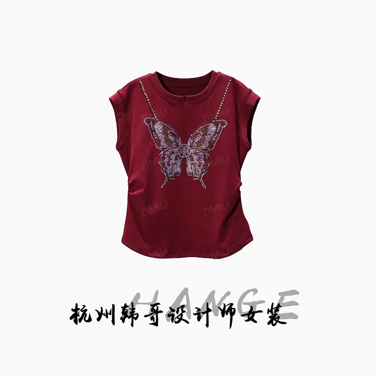 【亮哥女装】2025欧版小众设计师安可拉红蝴蝶烫钻休闲短袖9663