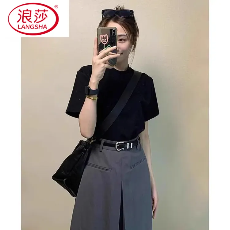 浪莎黑色正肩短袖T恤女夏季设计感小众宽松显瘦黑t显瘦半袖上