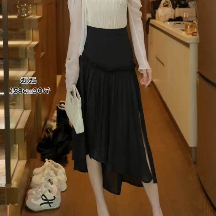 磊磊【浪漫摇曳】半身裙 百搭拼接高腰百褶半身裙#88177