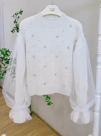 琳心丨早秋新款白色圆领甜美重工设计感毛针织衫 2084