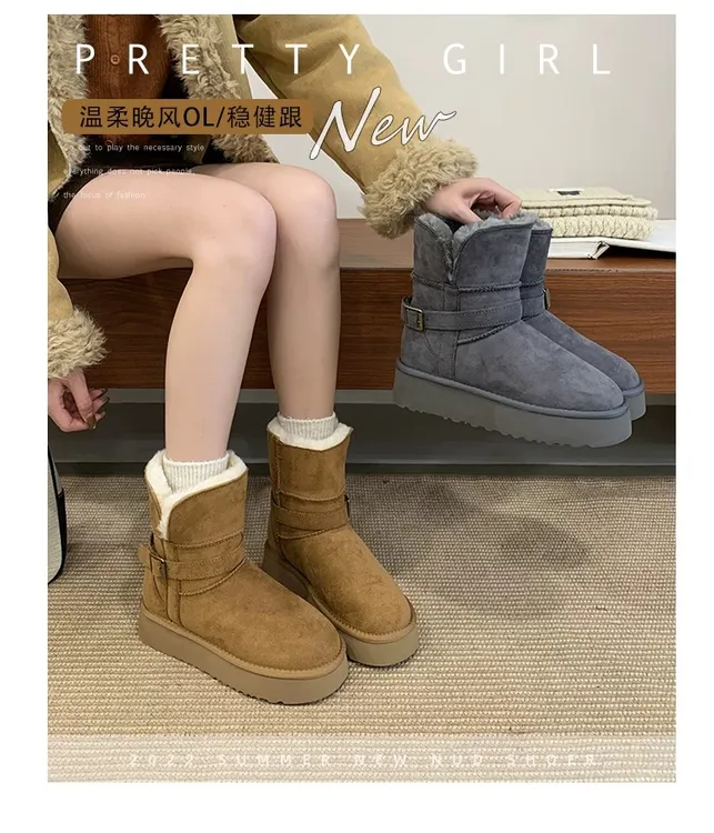 厚底雪地靴女2025年新款冬季真皮百搭短筒雪地棉加绒加厚外穿棉鞋