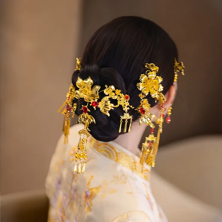 合金婚庆饰品 中式新娘金红色华丽贵气秀禾服花朵婚礼发饰MT0142