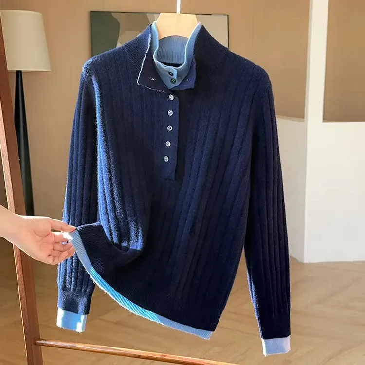 绒探长100%羊毛衫半高领坑条新款假两件撞色立领套头上衣针织衫女
