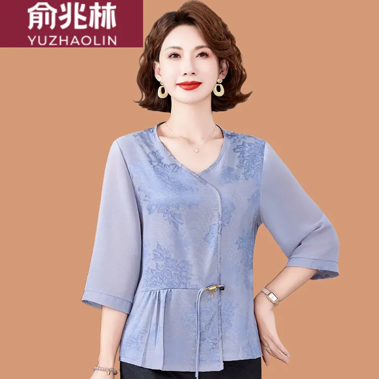 俞兆林新中式妈妈夏装七分袖衬衫上衣中老年人女装夏季雪纺印花气
