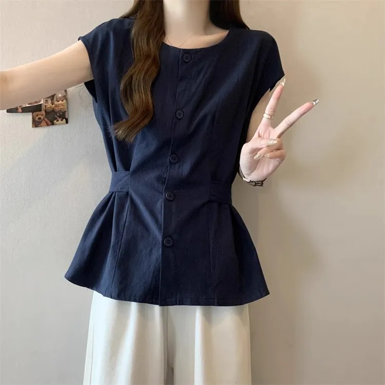 芷蕾c大码气质复古圆领短袖微胖MM宽松显瘦遮肚薄款百搭夏季上衣