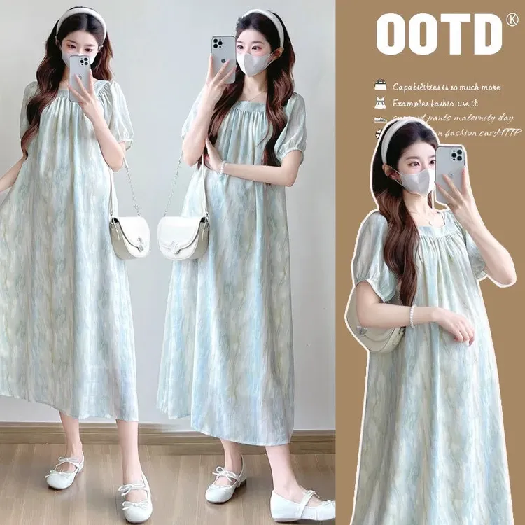 夏季新款方领扎染宽松泡泡袖孕妇连衣裙大码宽松遮肚显瘦时尚气质