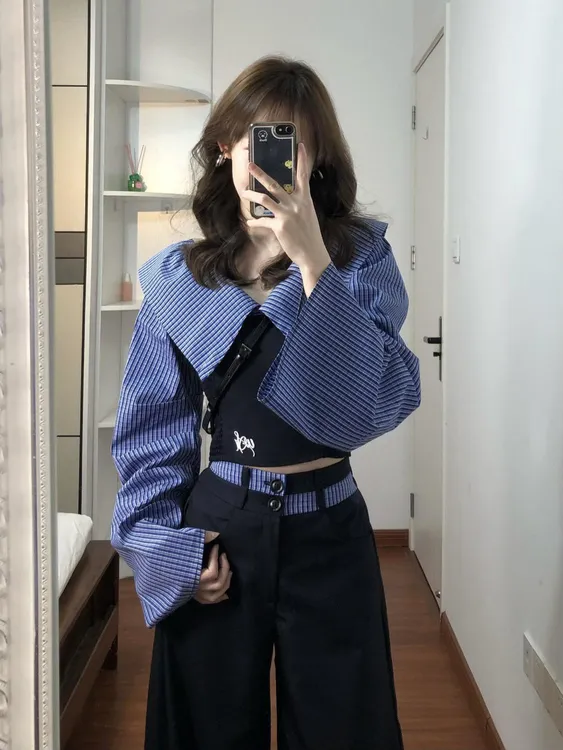 4919春季2025超火撞色拼接条纹衬衫休闲阔腿裤一整套ootd穿搭套装