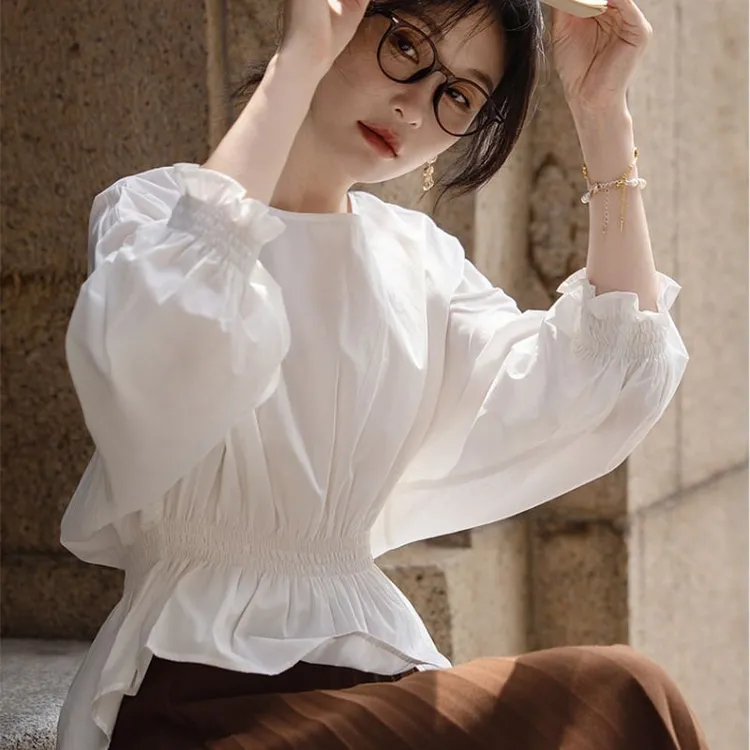 2025高级感圆领法式时尚宽松显瘦遮肚子长袖棉衬衫女洋气春夏上衣