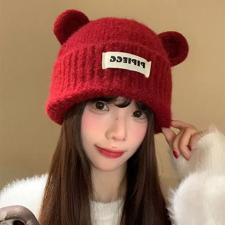 可爱小熊帽子耳朵针织秋冬季毛线帽新款百搭大头加厚保暖护耳冷帽