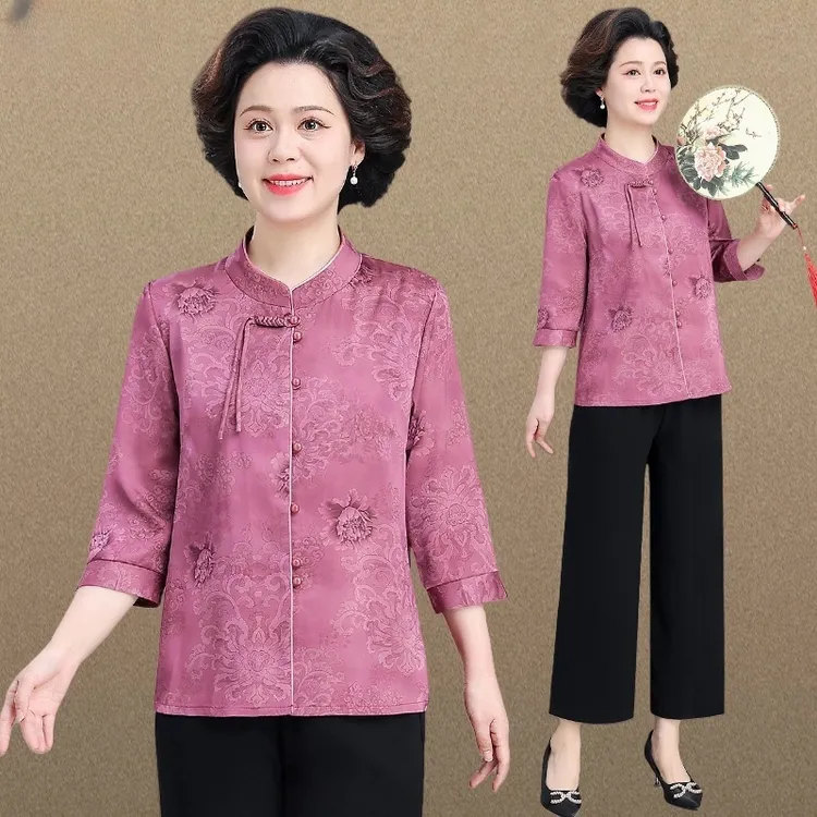 罗蒙妈妈夏装新中式小衫套装洋气高贵中老年人女夏季七分袖上衣服