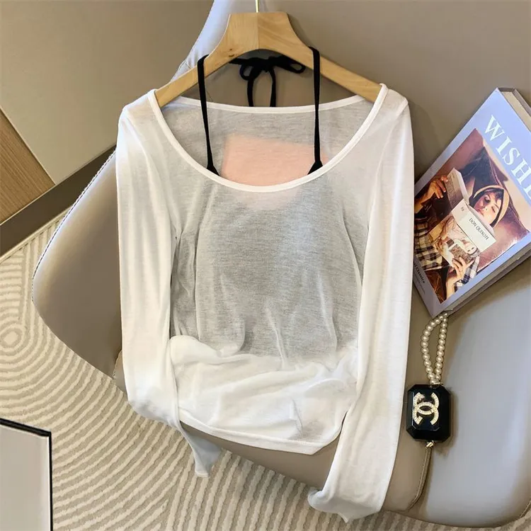 美式辣妹夏季套装女镂空抽褶防晒针织罩衫内搭挂脖吊带背心两件套