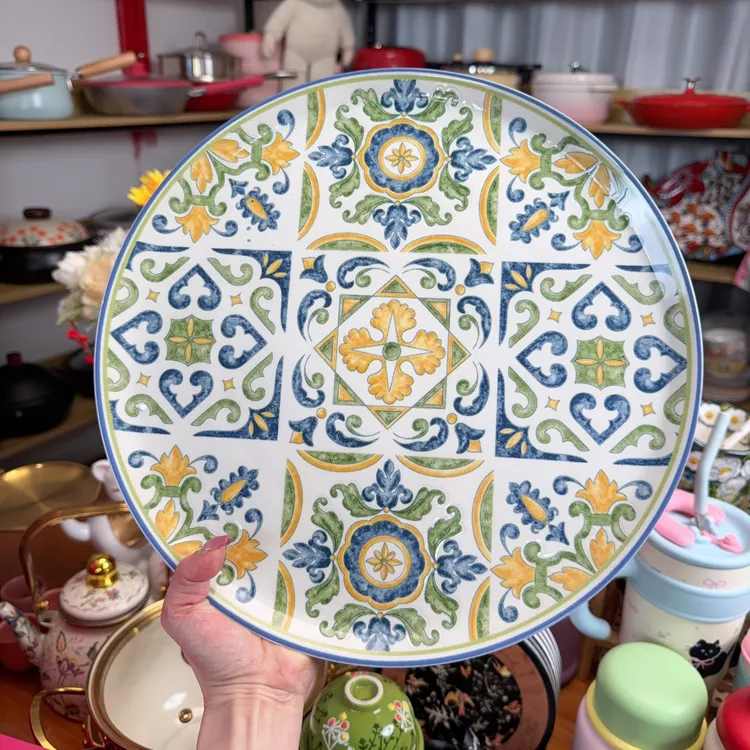 2个装12英寸大平盘釉下彩复古轻奢盘中式素雅瓷盘餐盘圆形微瑕