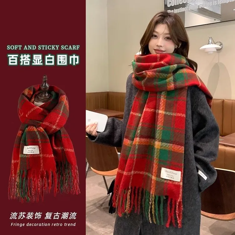 圣诞心愿节日氛围新年格子流苏围巾复古女韩版百搭保暖围脖披肩cy