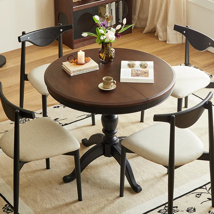 森美匠心法式中古风实木伸缩折叠餐桌美式复古小户型家用圆桌饭桌