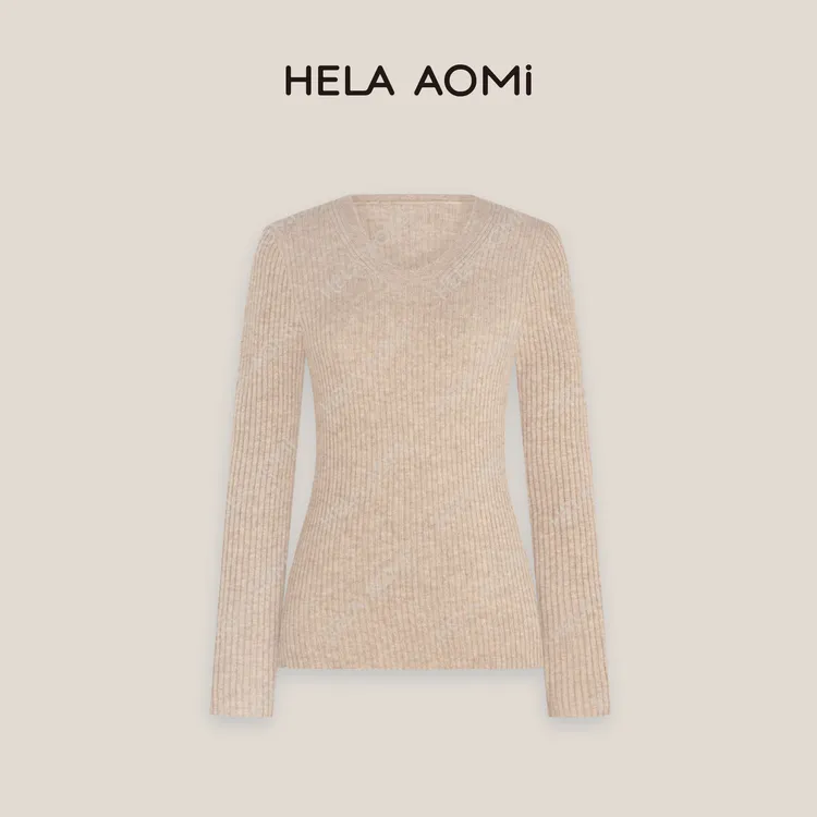 HELA AOMI “山羊绒100% 汤勺领”柔软贴身打底衫坑条纹U领针织衫