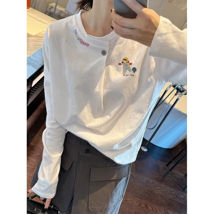 秋冬季爆款宽松休闲上衣女设计感小众纯棉白色纽扣正肩长袖T恤女