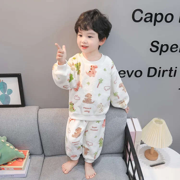 儿童珊瑚绒睡衣秋冬款加厚加绒男孩宝宝法兰绒套装男童卡通家居服