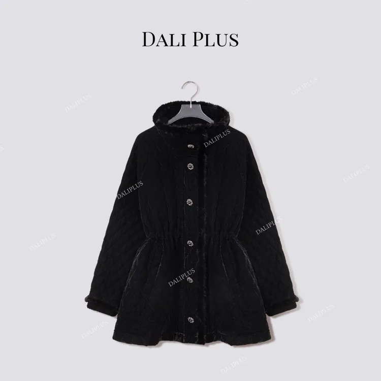 DALI PLUS“水貂毛95白鹅绒服”收腰黑丝绒绗棉轻装滑-D5ST1580