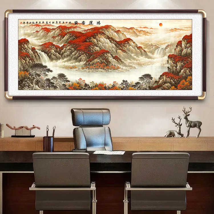 风水画客厅装饰画实木外框装裱国画老板办公室鸿运当头山水挂画