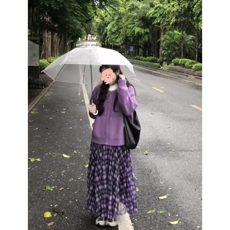 紫色圆领长袖针织开衫外套女秋冬新款韩系宽松百搭上衣格纹半身裙