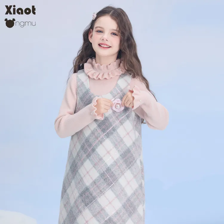 小童木 经典优雅女童连衣裙冬季新款花朵亮片中大童毛呢背心裙子