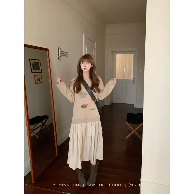 YOMI小个子【星芒缀衣】休闲卫衣拼接连衣裙温柔气质秋季显瘦显白