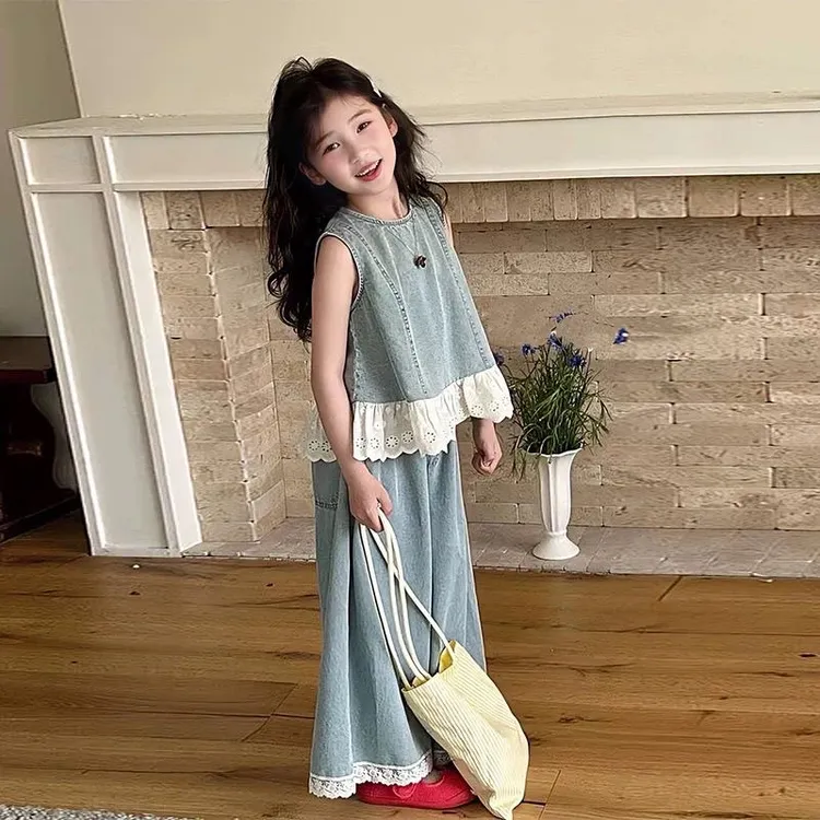 （高品质）女童夏季套装2025儿童洋气牛仔背心无袖上衣阔腿裤两件套