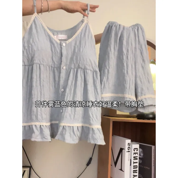 吊带胸垫睡衣女夏季薄款套装2025新款可爱外穿网红爆款家居服蓝色