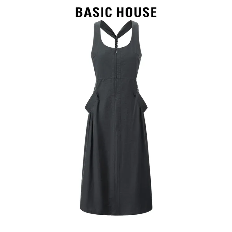百家好/Basic House25年秋季通勤时尚U领后背扭结背心连衣裙女