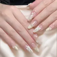 892-简约温柔蝴蝶结法式珍珠链条渐变美甲2024春夏新款穿戴甲贴片