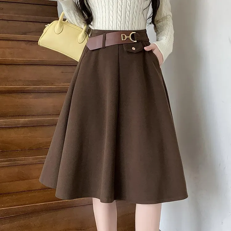 黑色毛呢半身裙秋季2024新款女A字裙中长款高腰显瘦伞裙裙子