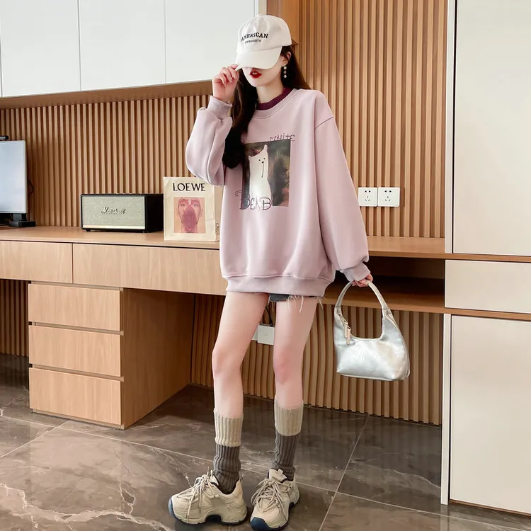 冬季加绒卫衣外套女潮流韩版圆领长袖印花百搭宽松加厚套头卫衣