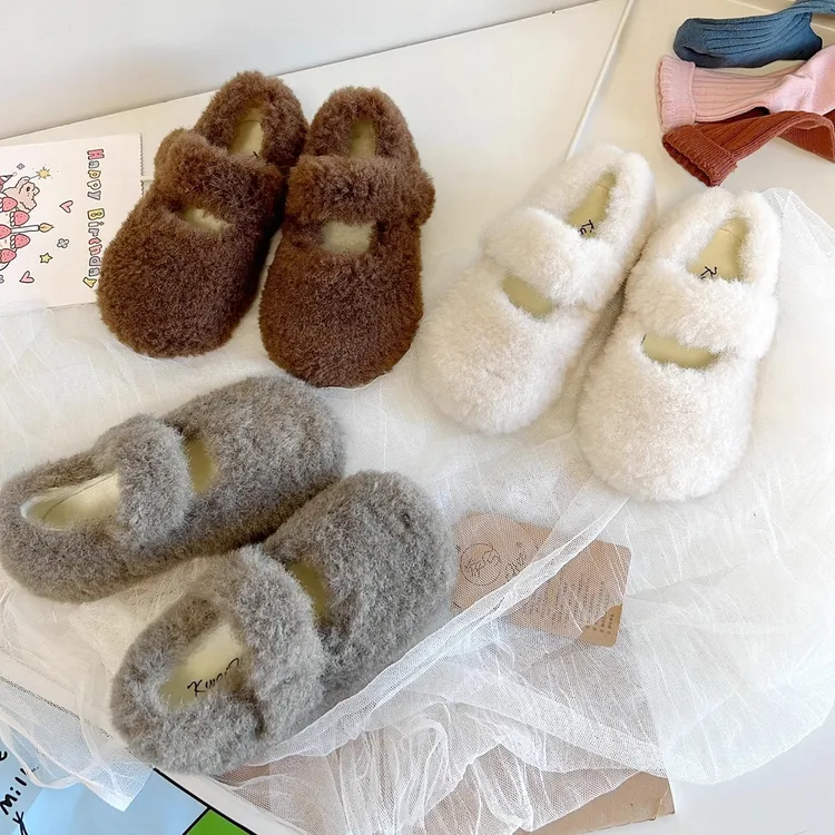 N24461冬季加厚儿童毛毛鞋纯色女童加绒保暖二棉鞋宝宝豆豆鞋软