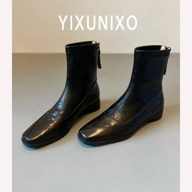 软羊皮小短靴女2025年秋冬新款真皮马丁靴方头软底舒适平底瘦瘦靴