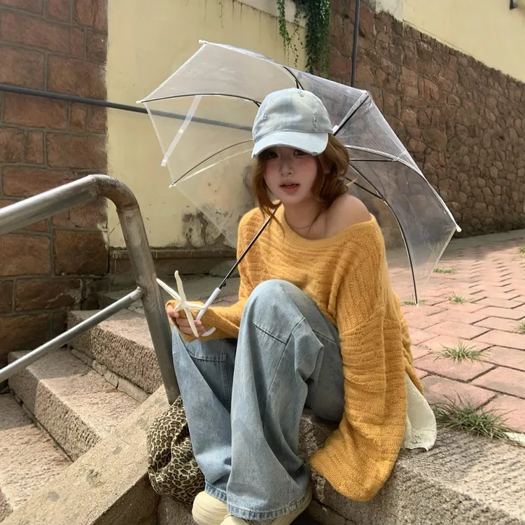 韩系氛围感黄色露肩毛针织衫慵懒高级感女早秋穿搭超好看单穿宽松