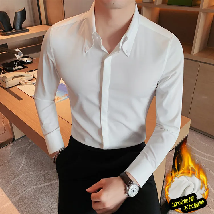 冬季男士加绒加厚长袖衬衫高级感商务休闲痞帅韩版修身白色衬衣