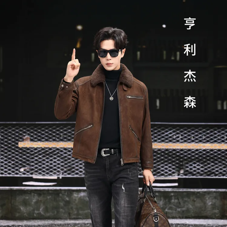 HRJS.HREY/亨利杰森山羊皮微落肩摩卡系重工水洗保暖休閑夾克