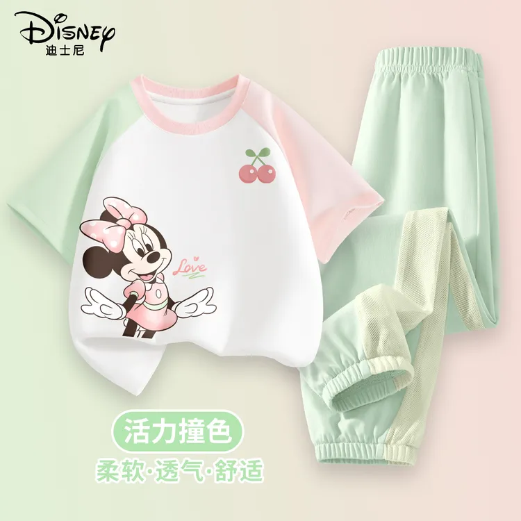 迪士尼女童夏季套装透气凉感活力夏装洋气短袖t恤薄款儿童衣服潮
