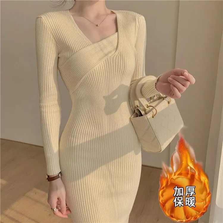 连衣裙性感小心机诱惑冬季遮肚显瘦女人味洋气秋冬装针织打底裙子